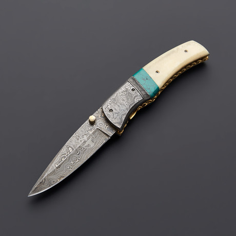 Damascus Camel Bone + Turquoise Folding Knife