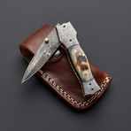 Damascus Ram's Horn Stiletto Dagger Folding Knife