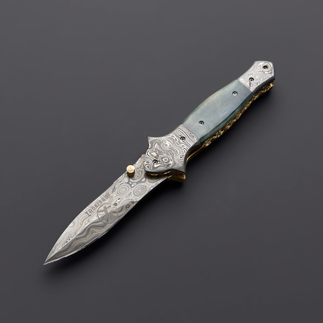 Damascus Black Bone Stiletto Dagger Folding Knife