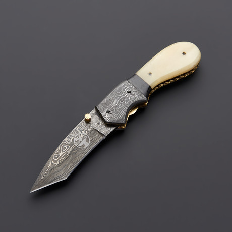 Damascus Bone + Horn Tanto Folding Pocket Knife