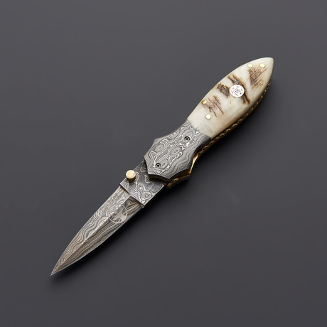 Damascus Sheep Horn Folding Stiletto Dagger Knife