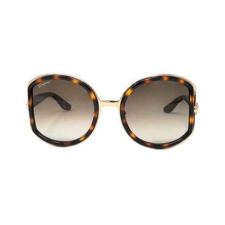 Ferragamo // Women's Rounded Sunglasses // Dark Tortoise + Gold + Gray Gradient
