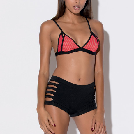 Double Layered Stripe Mesh Bralet // Red (XS)