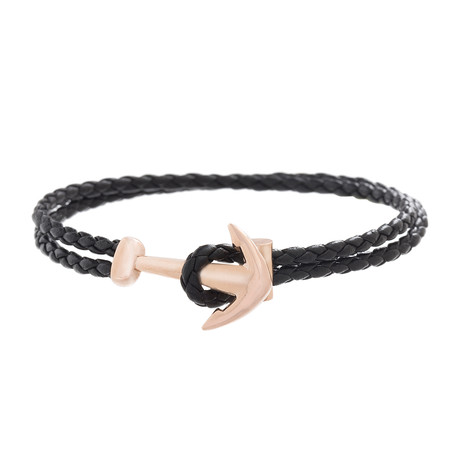 Double Strand Leather Anchor Hook Bracelet // Black + Rose Gold
