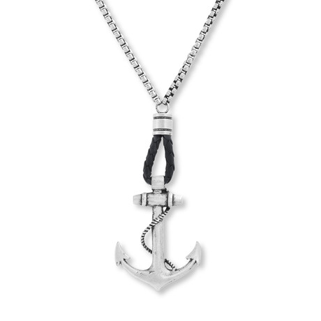Anchor Leather Cord Box Chain Necklace // Black
