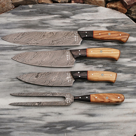 Damascus Chef Knife Set // 4 Piece Set