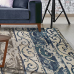 Blair // Blue + Grey Striped Scroll Area Rug // 4'11 x 7'