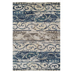 Blair // Blue + Grey Striped Scroll Area Rug // 4'11 x 7'