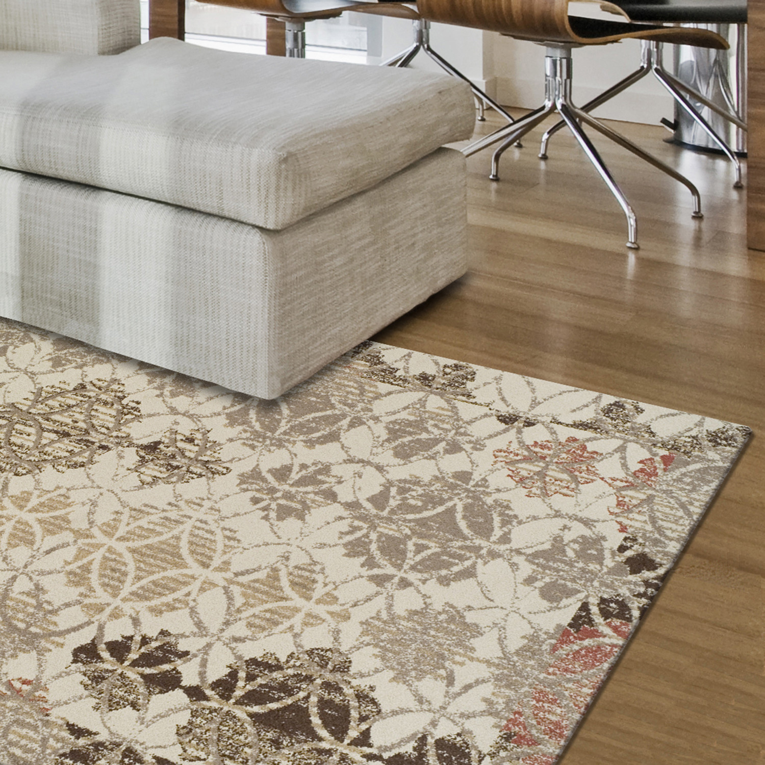 Blair // Distressed Brown + Taupe Geometric Damask Area Rug (4'11 x 7