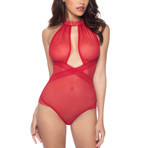 Collared Mesh Teddy With Elastic Detail // Red