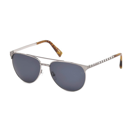 Zegna // Men's Modern Aviator Sunglasses // Shiny Light Ruthenium + Blue