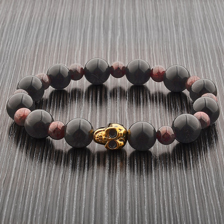 Obsidian + Garnet + Gold Skull Stone Bracelet