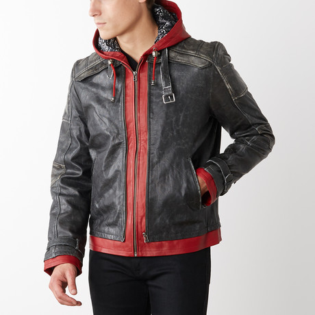 Red Hood Leather Jacket with Hood // Red + Gray (XS)