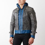 Nightwing Hooded Leather Jacket // Gray + Blue (XL)