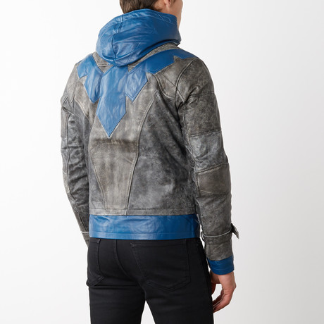 Nightwing Hooded Leather Jacket // Gray + Blue (L)