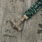 Big Bronze Thor's Hammer + Green Paracord Bracelet (6"L)