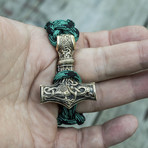 Big Bronze Thor's Hammer + Green Paracord Bracelet (6"L)