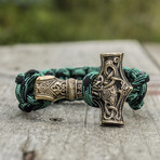 Big Bronze Thor's Hammer + Green Paracord Bracelet (6"L)