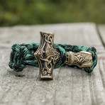 Big Bronze Thor's Hammer + Green Paracord Bracelet (6"L)