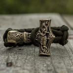 Big Bronze Thor's Hammer + Olive Paracord Bracelet (6"L)