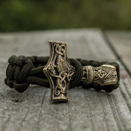 Big Bronze Thor's Hammer + Olive Paracord Bracelet (6"L)