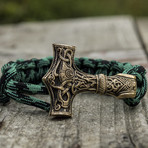 Big Bronze Thor's Hammer + Green Paracord Bracelet (6"L)