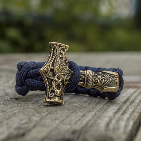 Big Bronze Thor's Hammer + Purple Paracord Bracelet (6"L)