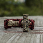 Big Bronze Thor's Hammer + Red Paracord Bracelet (6"L)