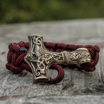 Big Bronze Thor's Hammer + Red Paracord Bracelet (6"L)