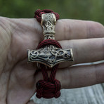 Big Bronze Thor's Hammer + Red Paracord Bracelet (6"L)