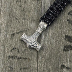 Paracord Bracelet + Big Sterling Silver Thor's Hammer // Black (6"L)