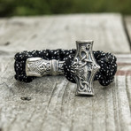 Paracord Bracelet + Big Sterling Silver Thor's Hammer // Black (6"L)