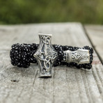 Paracord Bracelet + Big Sterling Silver Thor's Hammer // Black (6"L)