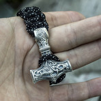 Paracord Bracelet + Big Sterling Silver Thor's Hammer // Black (6"L)