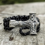 Paracord Bracelet + Big Sterling Silver Thor's Hammer // Black (6"L)