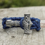 Paracord Bracelet + Big Sterling Silver Thor's Hammer // Blue (6"L)