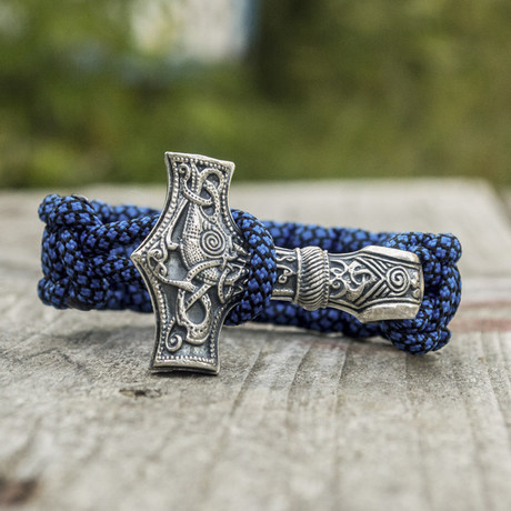 Paracord Bracelet + Big Sterling Silver Thor's Hammer // Blue (6"L)