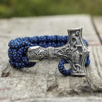 Paracord Bracelet + Big Sterling Silver Thor's Hammer // Blue (6"L)