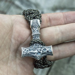 Paracord Bracelet + Big Sterling Silver Thor's Hammer // Olive (6"L)