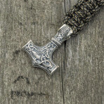 Paracord Bracelet + Big Sterling Silver Thor's Hammer // Olive (6"L)