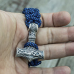 Paracord Bracelet + Big Sterling Silver Thor's Hammer // Blue (6"L)