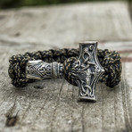 Paracord Bracelet + Big Sterling Silver Thor's Hammer // Olive (6"L)