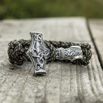 Paracord Bracelet + Big Sterling Silver Thor's Hammer // Olive (6"L)