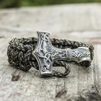 Paracord Bracelet + Big Sterling Silver Thor's Hammer // Olive (6"L)