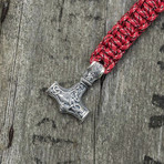 Paracord Bracelet + Big Sterling Silver Thor's Hammer // Red (6"L)