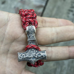 Paracord Bracelet + Big Sterling Silver Thor's Hammer // Red (6"L)