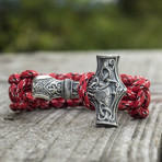 Paracord Bracelet + Big Sterling Silver Thor's Hammer // Red (6"L)