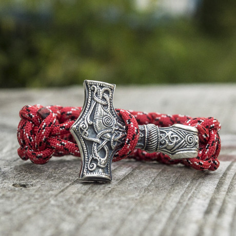 Paracord Bracelet + Big Sterling Silver Thor's Hammer // Red (6"L)