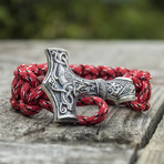 Paracord Bracelet + Big Sterling Silver Thor's Hammer // Red (6"L)