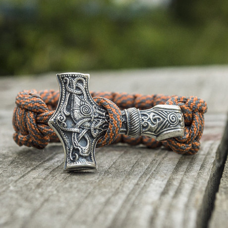 Paracord Bracelet + Big Sterling Silver Thor's Hammer // Beige (6"L)